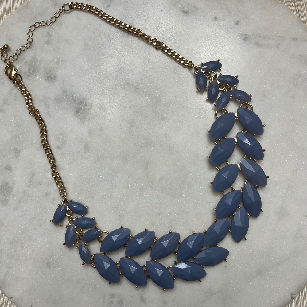 Blue Statement Necklace Bib Gold Tone Periwinkle Light Blue Leaf Grecian Jewelry